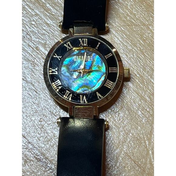 Women's GITANO Gold Tone Abalone Shell Dial Watch, Black Band. Roman numerals - Picture 2 of 9